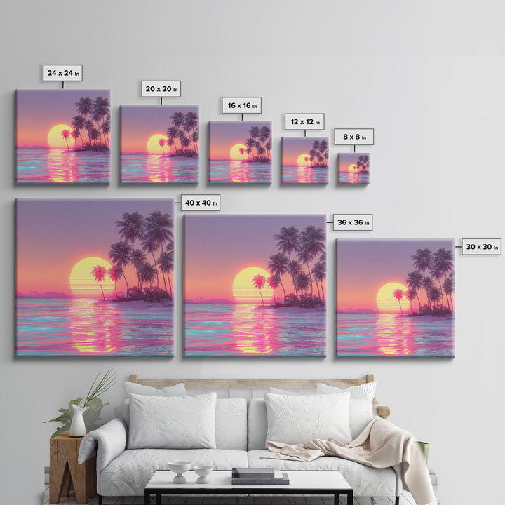 Dreamy Tropical Palm Trees Pink Sunset Beach Canvas Print, Coastal Wall Art, Vaporwave Ocean Decor, Pastel Summer Poster