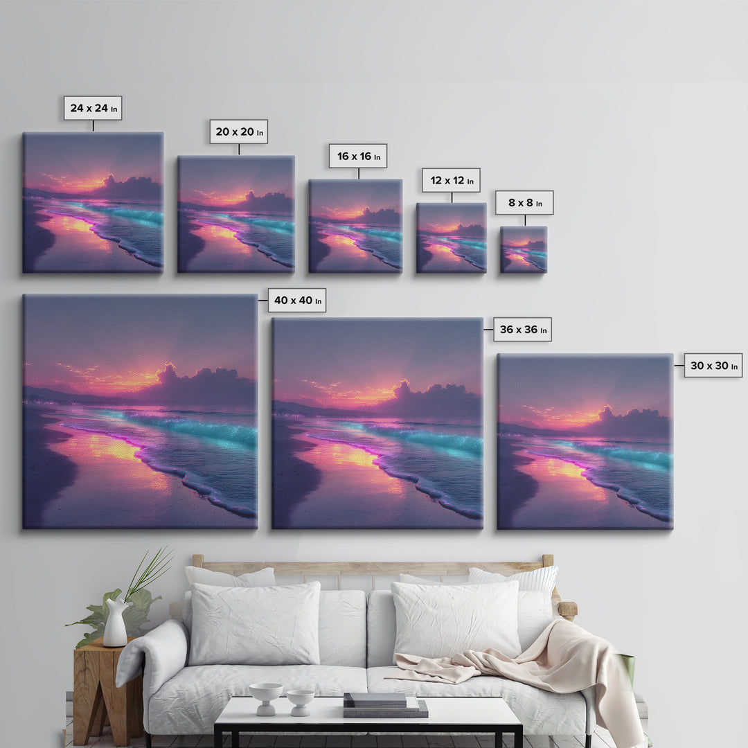 Vibrant Neon Ocean Sunset Landscape Large Wall Art Canvas Print Contemporary Coastal Home Decor