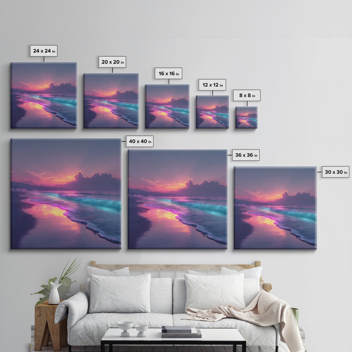 Vibrant Neon Ocean Sunset Landscape Large Wall Art Canvas Print Contemporary Coastal Home Decor