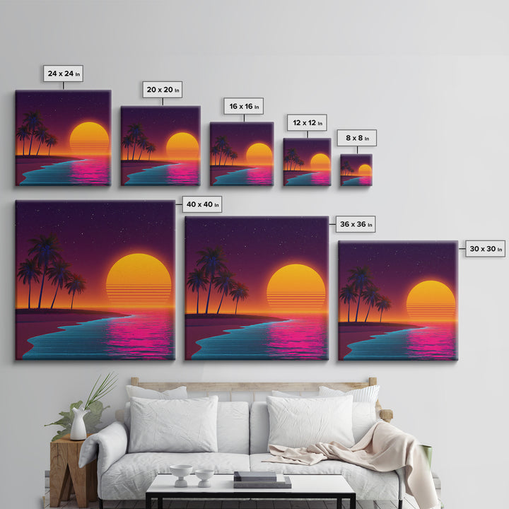 Neon Island Sunset Palm Tree Canvas Print, Retro Tropical Beach Wall Art, Bold Synthwave Coastal Decor, Colorful Bedroom Wall Art