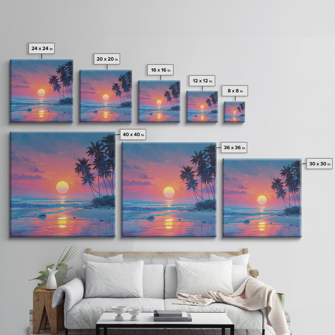 Dreamy Tropical Beach Sunset With Palms Wall Art, Pastel Coastal Canvas Print For Relaxing Modern Home Decor