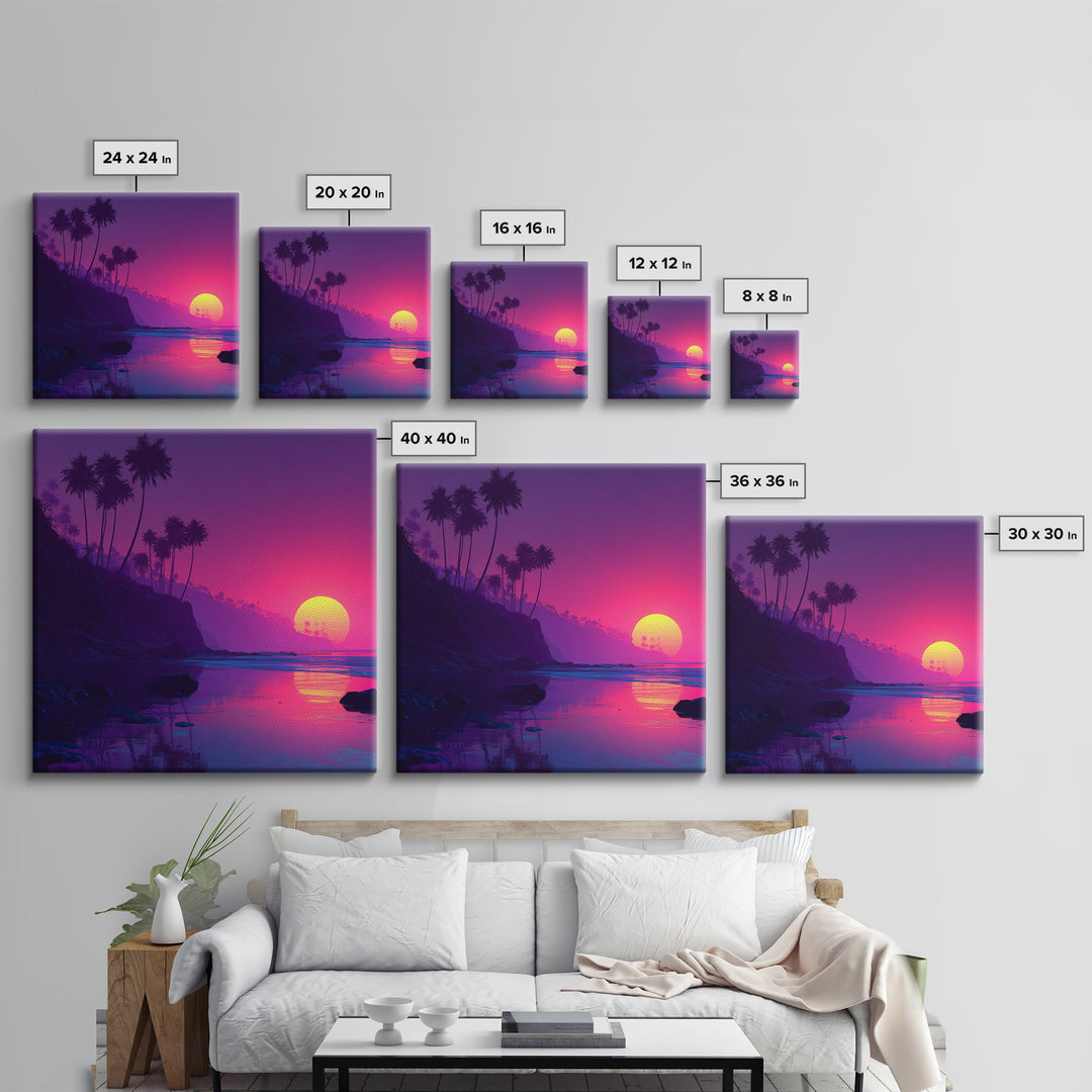 Neon Sunset Tropical Beach Wall Art, Vibrant Palm Tree Coastal Canvas Print For Modern Coastal Home And Bedroom Decor