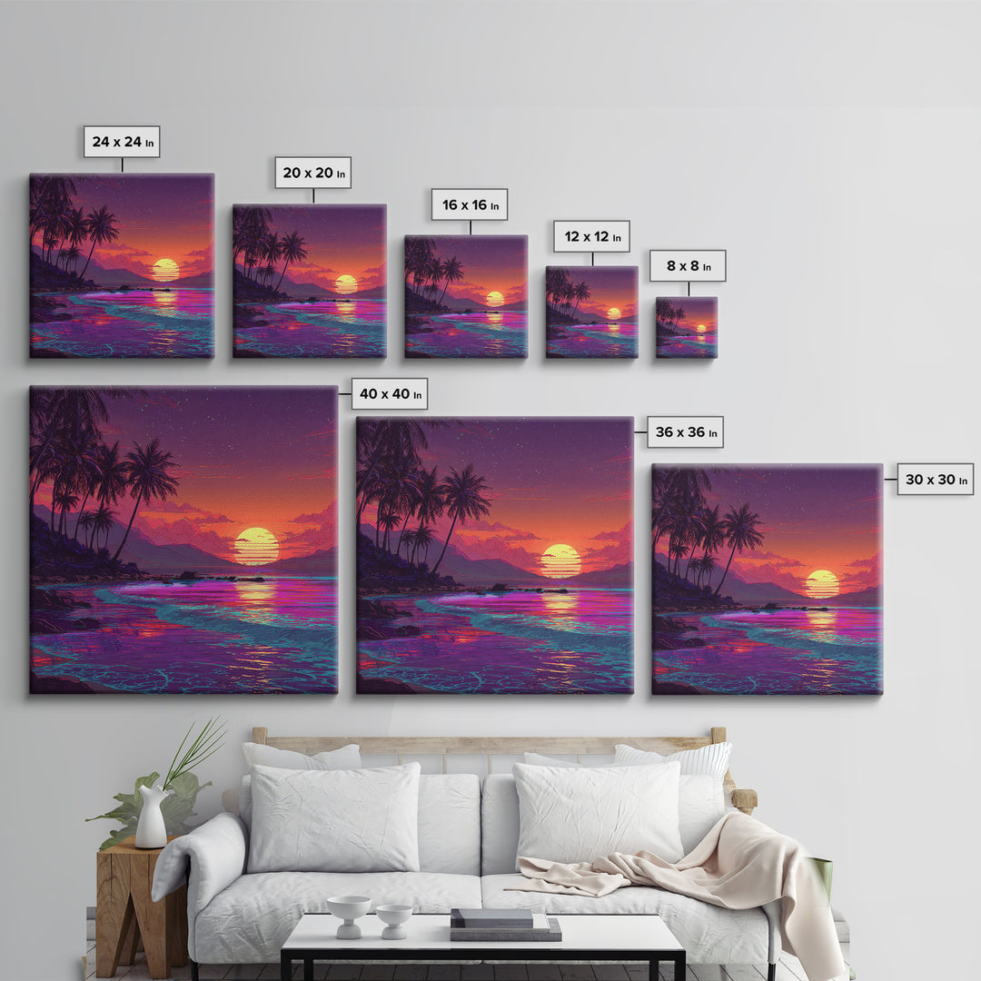Neon Tropical Beach Sunset Wall Art, Vibrant Ocean Landscape Canvas Print, Retro Coastal Decor, Modern Living Room Wall Decor