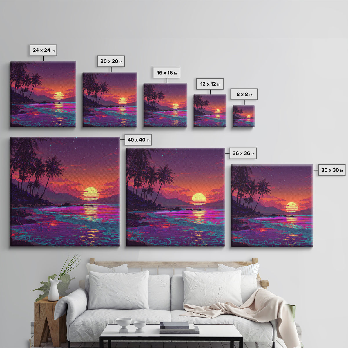 Neon Tropical Beach Sunset Wall Art, Vibrant Ocean Landscape Canvas Print, Retro Coastal Decor, Modern Living Room Wall Decor