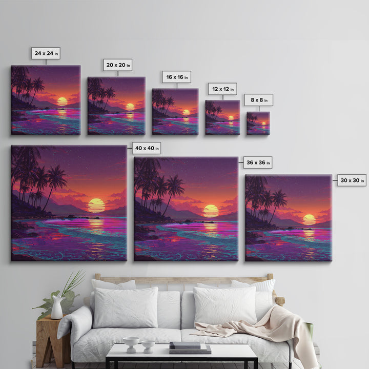 Neon Tropical Beach Sunset Wall Art, Vibrant Ocean Landscape Canvas Print, Retro Coastal Decor, Modern Living Room Wall Decor
