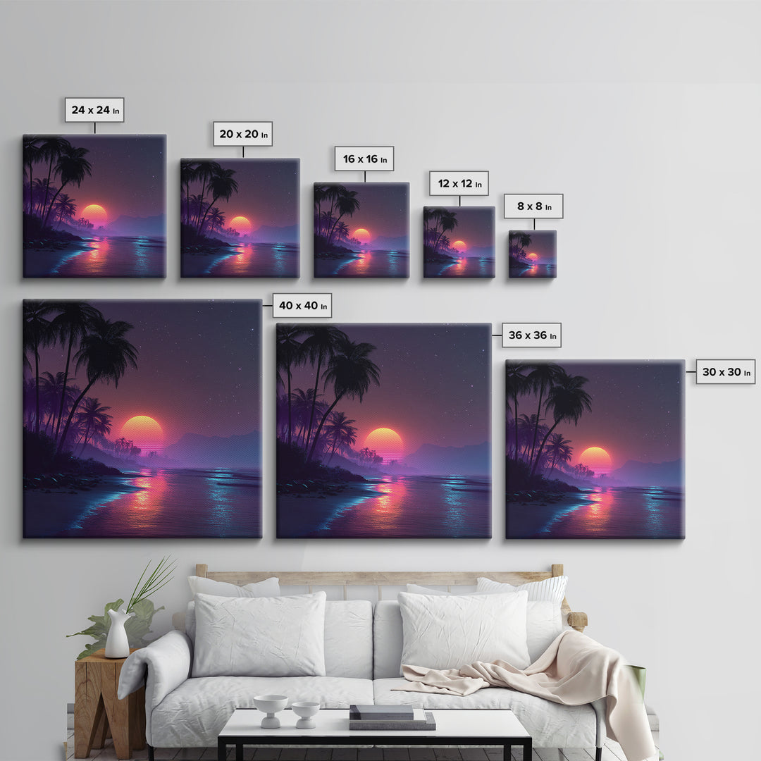 Neon Tropical Beach Sunset Wall Art, Retro Coastal Palm Tree Canvas Print, Vibrant Ocean Night Sky Home Decor