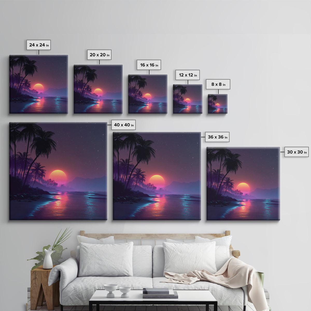 Neon Tropical Beach Sunset Wall Art, Retro Coastal Palm Tree Canvas Print, Vibrant Ocean Night Sky Home Decor