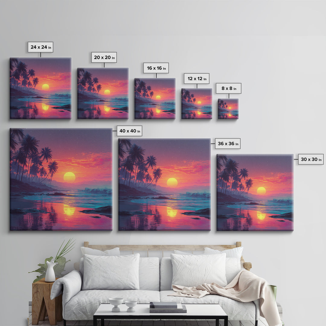 Tropical Pink Sunset Beach Wall Art, Palm Tree Coastal Ocean Canvas Print For Modern Coastal Decor And Bedroom Wall