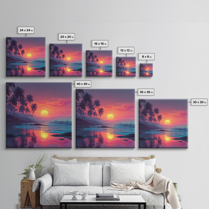 Tropical Pink Sunset Beach Wall Art, Palm Tree Coastal Ocean Canvas Print For Modern Coastal Decor And Bedroom Wall