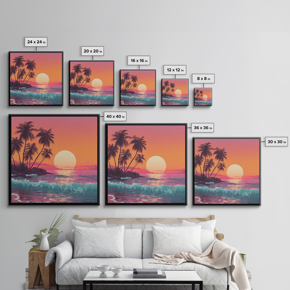 Retro Tropical Sunset Wall Art, Pink And Orange Beach Canvas Print, Aesthetic Coastal Decor For Bedroom