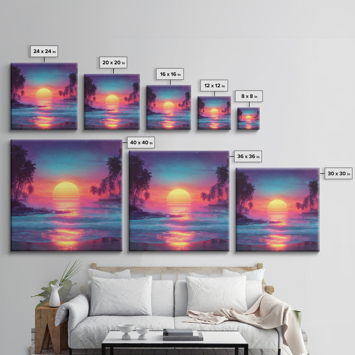 Neon Tropical Sunset Beach Wall Art, Retro Ocean Landscape Canvas Print, Coastal Home Decor, Modern Abstract Seascape