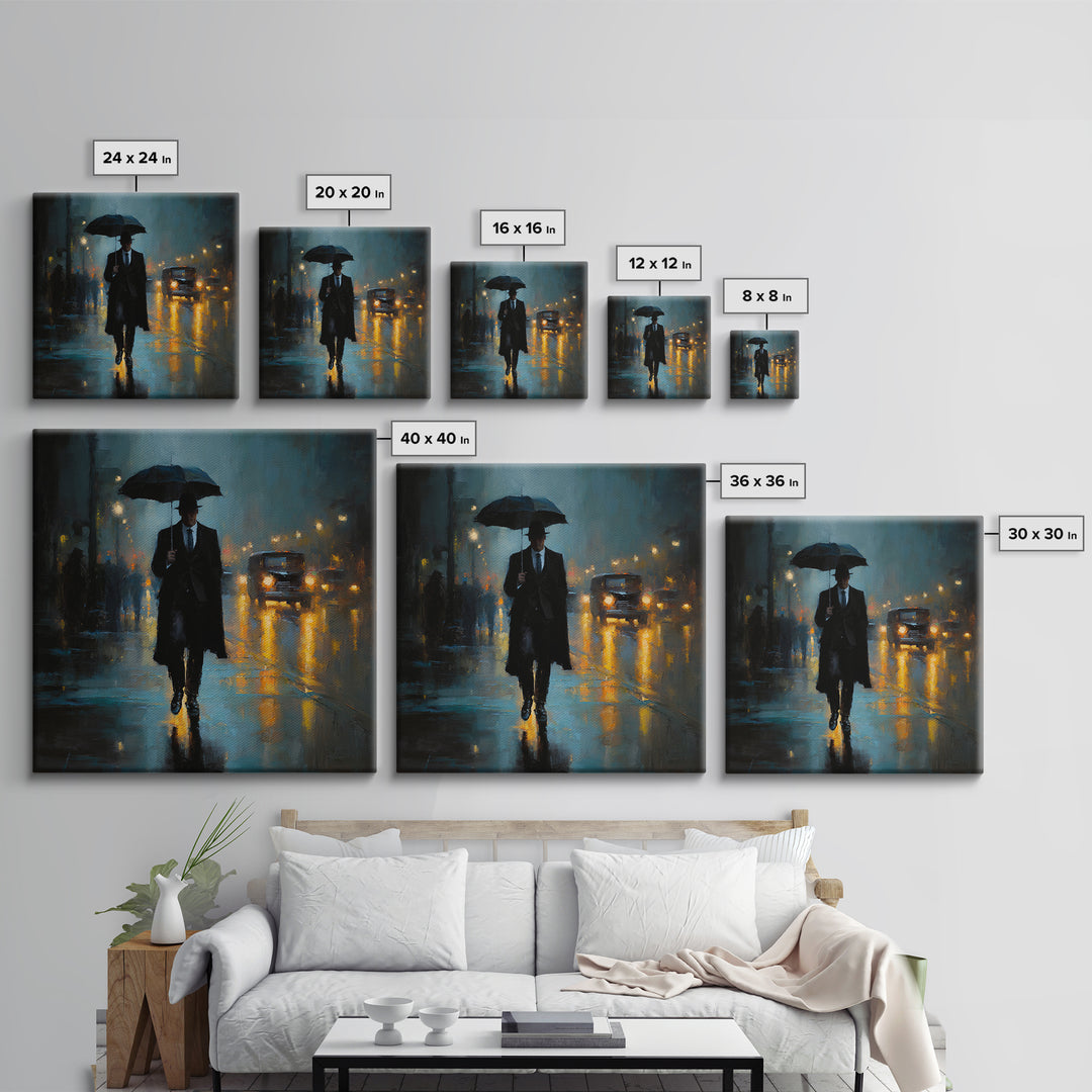 Noir Gentleman With Umbrella In Rainy City Wall Art, Moody Oil Painting Print, Dark Academia Office Decor, Gift For Him