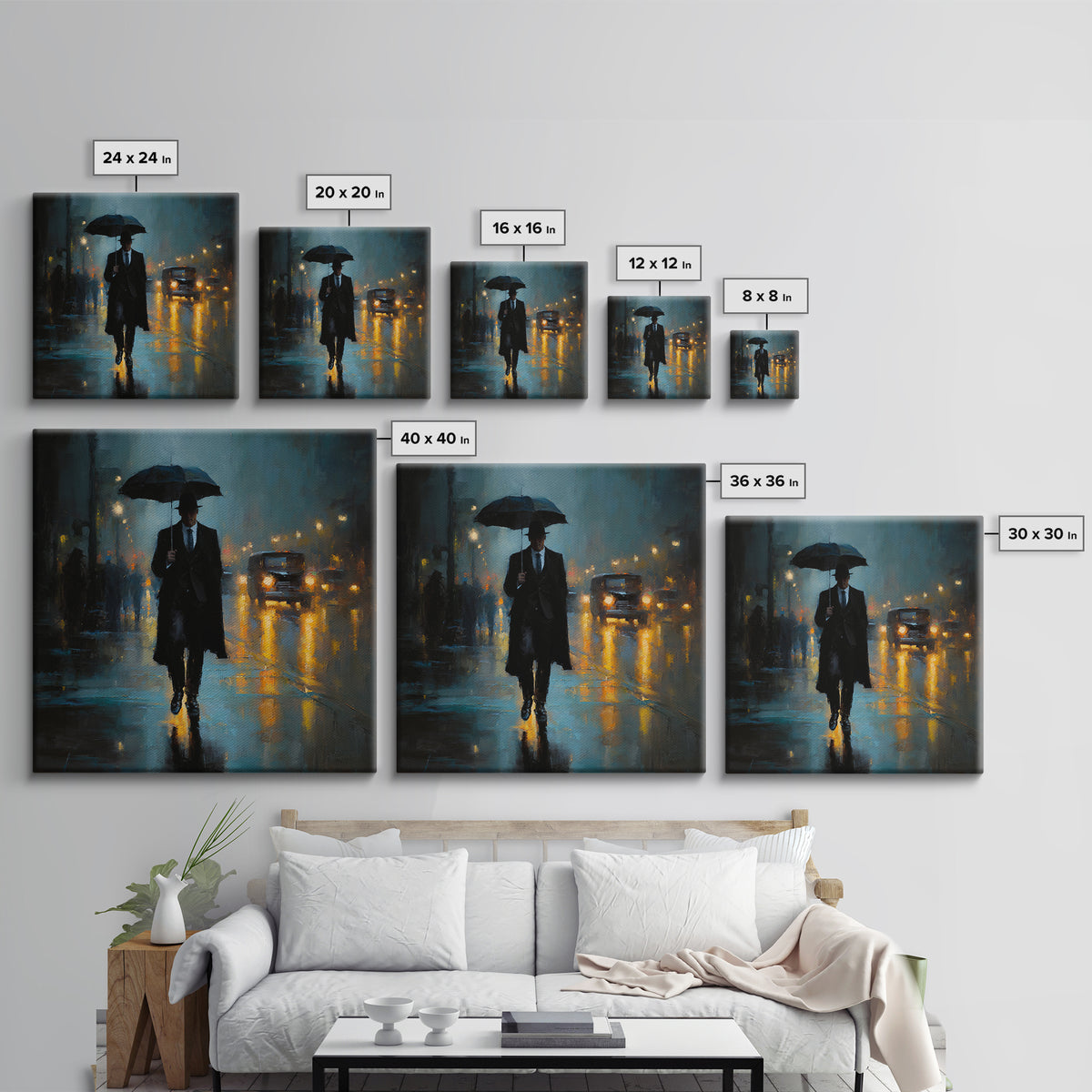 Noir Gentleman With Umbrella In Rainy City Wall Art, Moody Oil Painting Print, Dark Academia Office Decor, Gift For Him