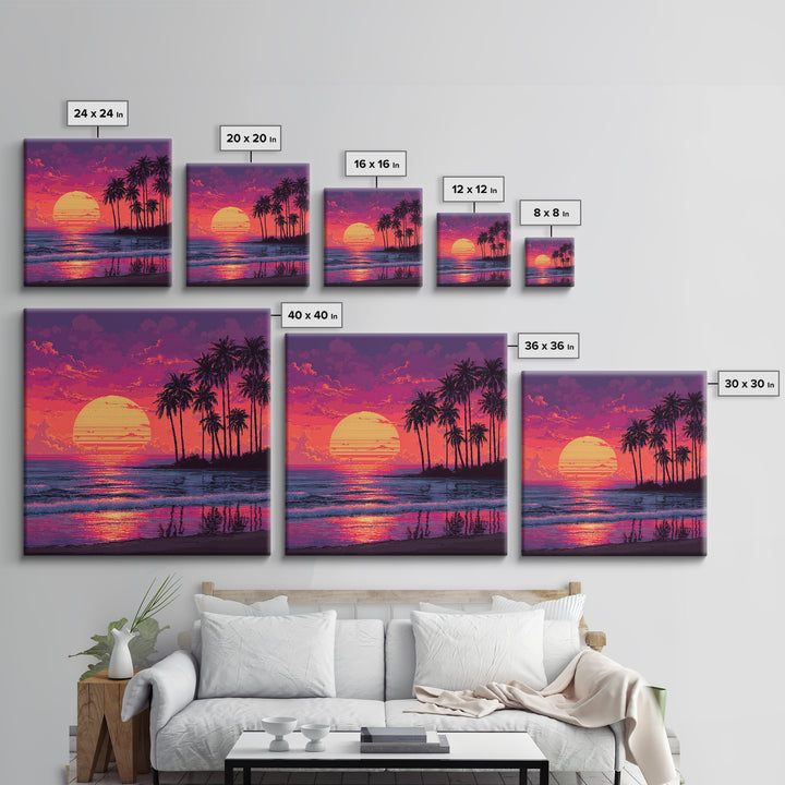 Pixel Art Tropical Sunset Beach Wall Art, Retro 8 Bit Palm Landscape Canvas Print, Colorful Gaming Room Decor