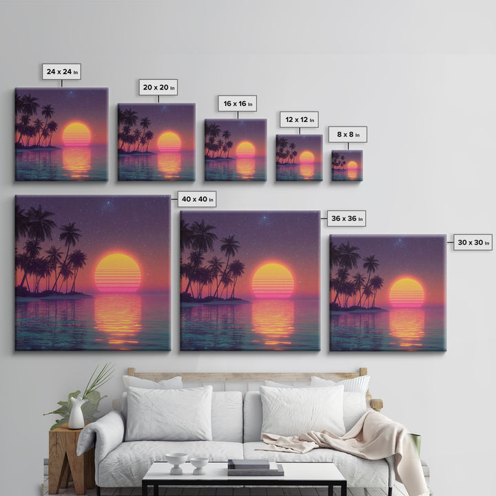 Neon Tropical Beach Palm Trees Retro Sunset Night Sky Wall Art Canvas Print Coastal Decor Bedroom Living Room Wall Art