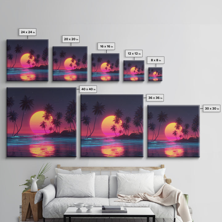 Neon Tropical Beach Sunset With Palms Wall Art, Retro Vaporwave Ocean Night Sky Canvas Print