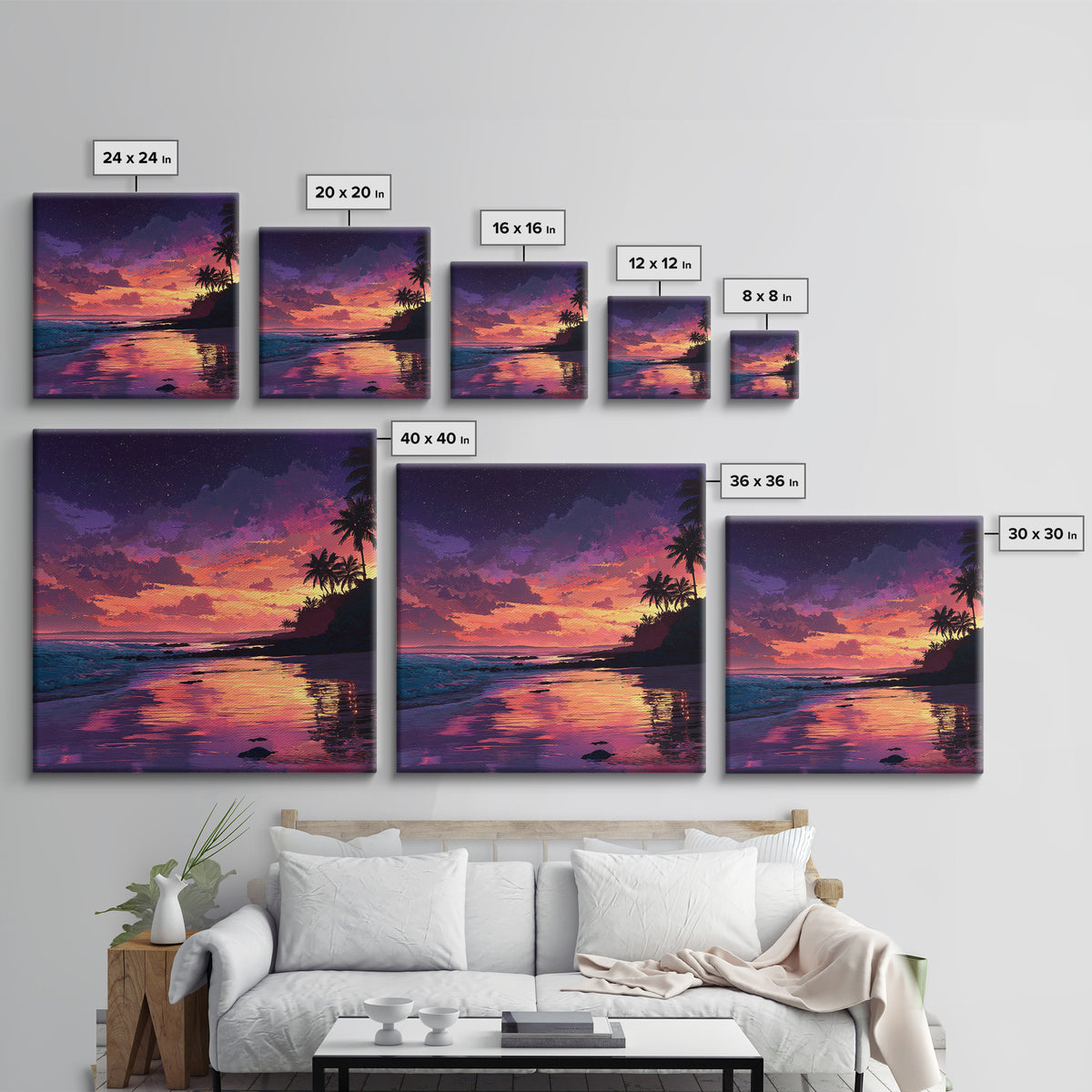 Vibrant Tropical Sunset Beach Wall Art, Colorful Coastal Ocean Painting Print, Summer Beach House Decor Living Room Wall Art