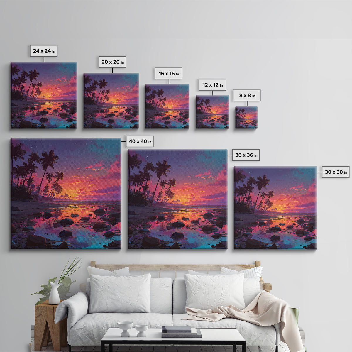 Serene Tropical Sunset With Palm Trees Reflection Over Water Vibrant Wall Art Framed Canvas Print For Coastal Home Decor