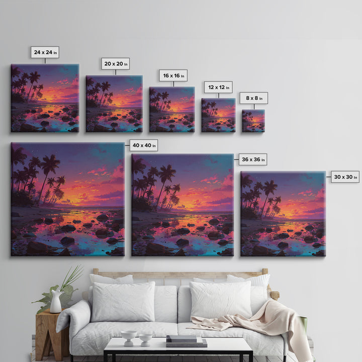 Serene Tropical Sunset With Palm Trees Reflection Over Water Vibrant Wall Art Framed Canvas Print For Coastal Home Decor