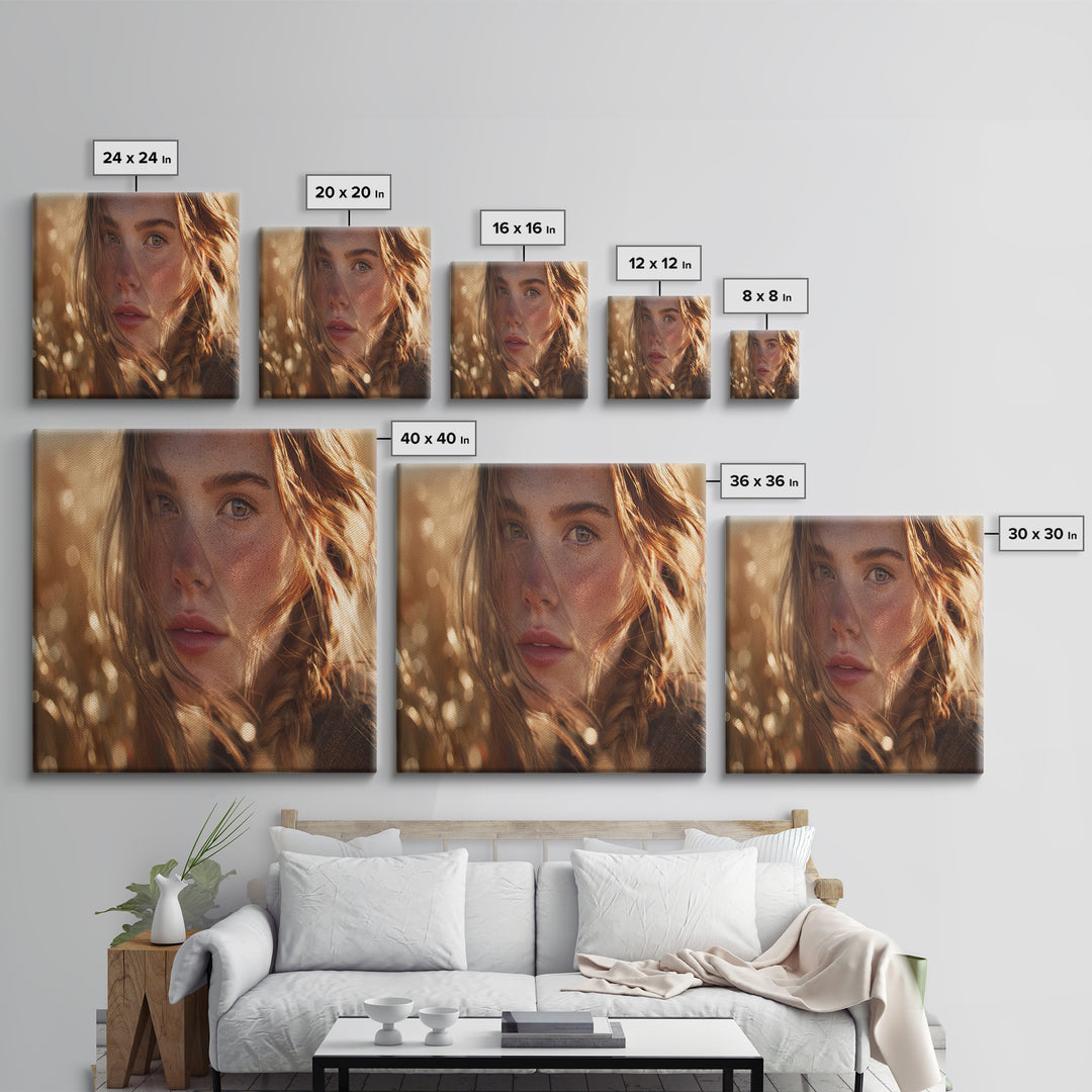 Golden Hour Portrait Of Woman Wall Art, Freckled Girl Close Up Painting, Feminine Modern Art Print, Bedroom Romantic Canvas