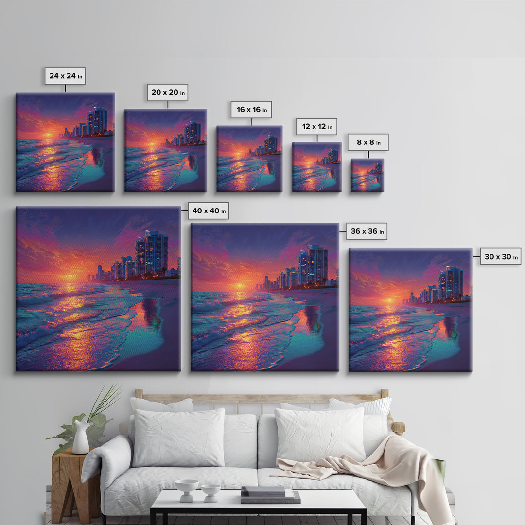 Vibrant City Beach Sunset Skyline Canvas Print, Colorful Coastal Wall Art, Modern Ocean Painting Living Room Home Decor