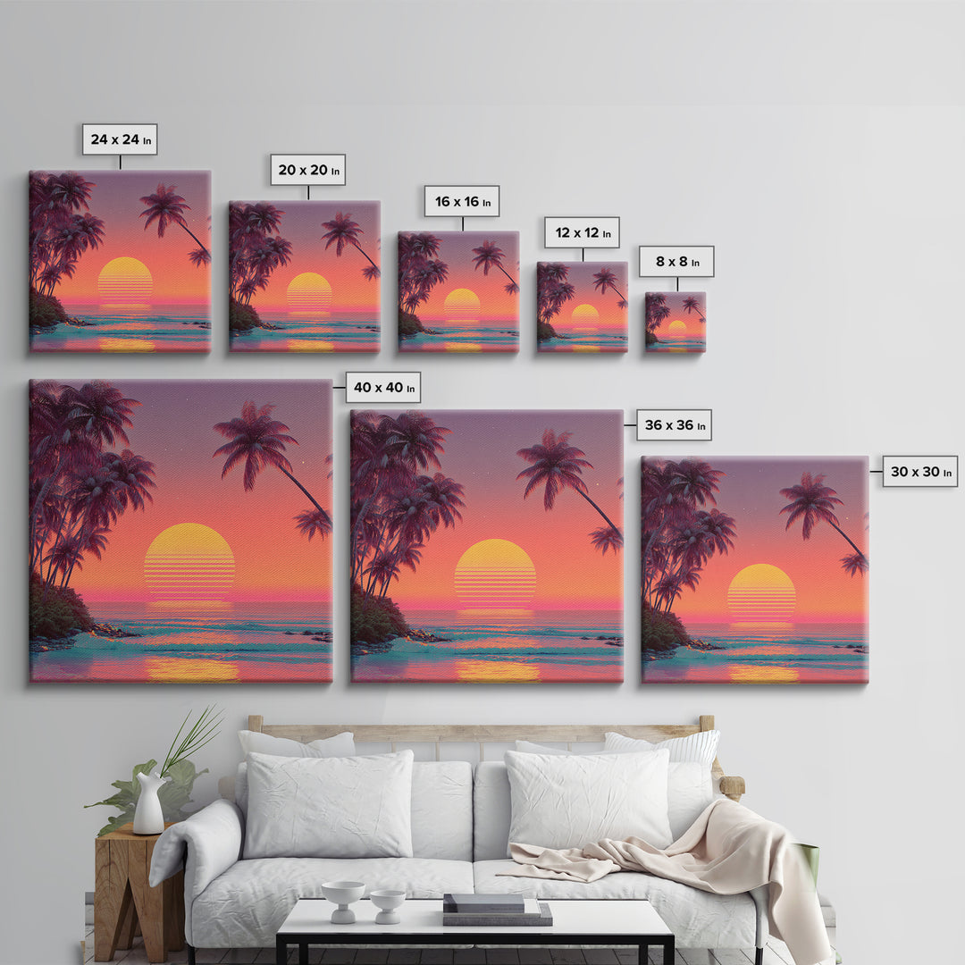 Retro Tropical Sunset Beach With Palm Trees Neon Wall Art, Colorful Coastal Canvas Print, Summer Room Decor