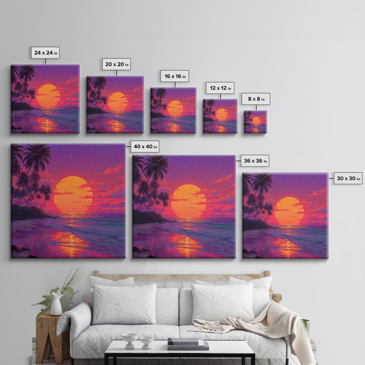 Vibrant Tropical Sunset Beach Wall Art, Palm Tree Ocean Horizon Print, Retro Coastal Summer Decor Canvas Print