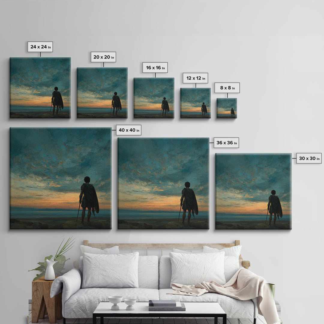 Dark Dramatic Sunset With Ancient Warrior Standing On Hill Wall Art Oil Painting Framed Canvas Print