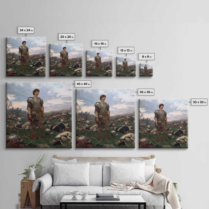 Young Knight Standing After Battle Wall Art, Medieval Warrior Oil Painting, Historical Landscape, Statement Decor, Gift For Him