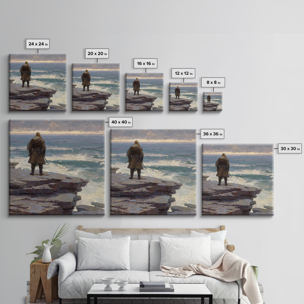 Lone Warrior On Ocean Cliff, Moody Coastal Landscape Wall Art, Viking Seascape Canvas Print, Masculine Office Decor, Gift For Him