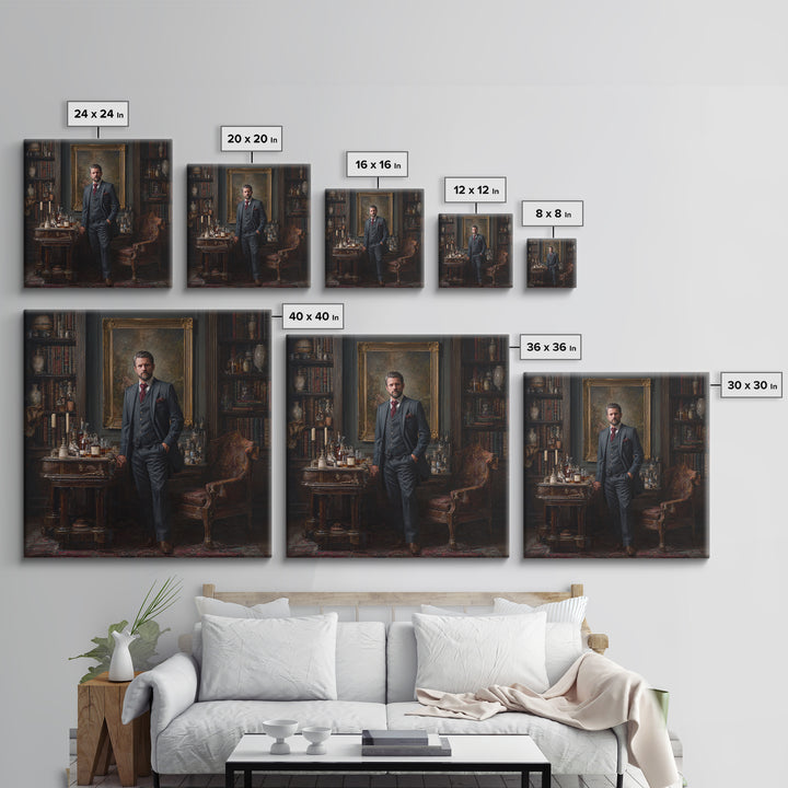 Dapper Gentleman In Antique Study Framed Canvas Print, Moody Portrait Oil Painting, Masculine Office Decor, Dark Academia Art