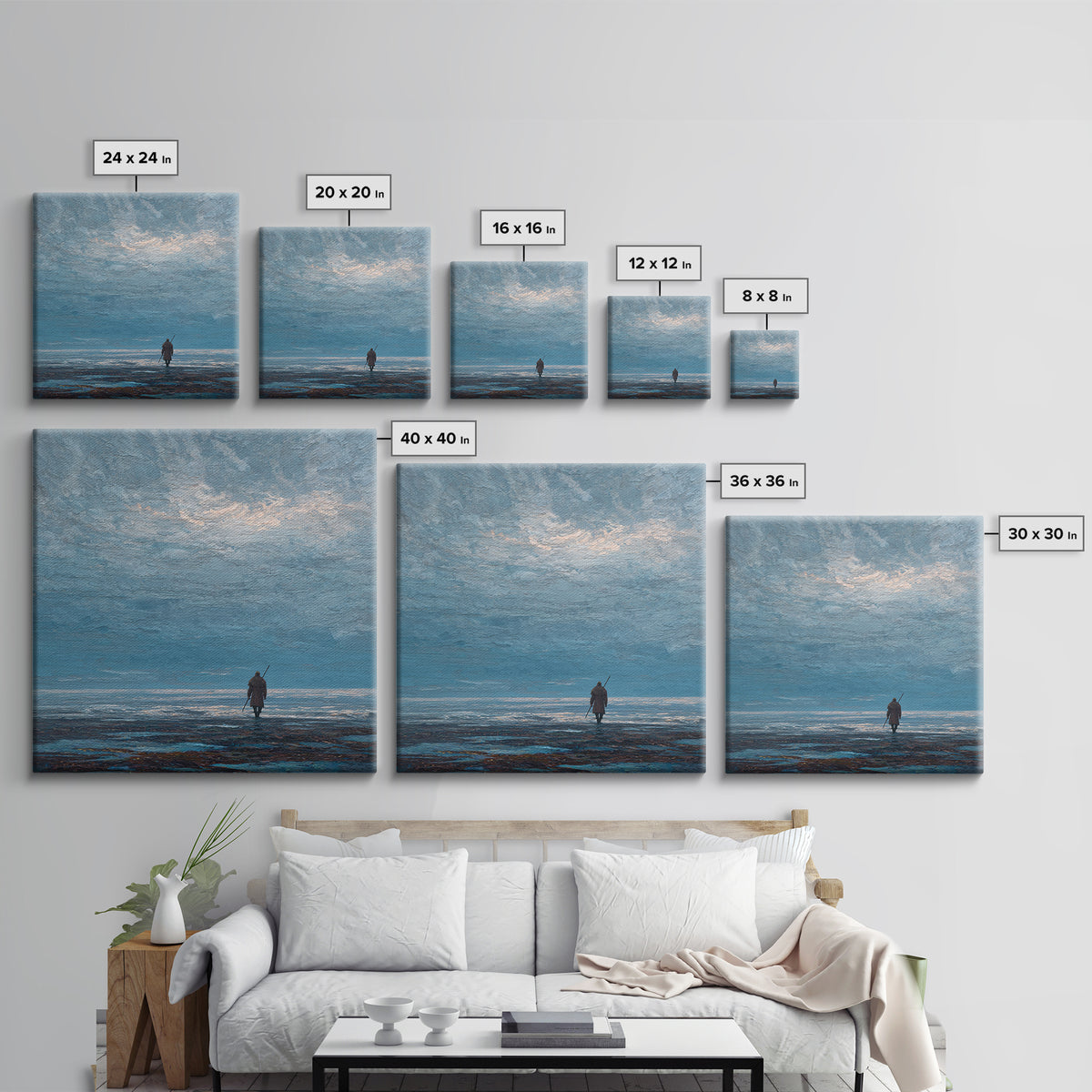 Lone Wanderer Crossing Icy Blue Shore Canvas Print, Minimalist Seascape Art, Calming Wall Art, Serene Coastal Bedroom Decor