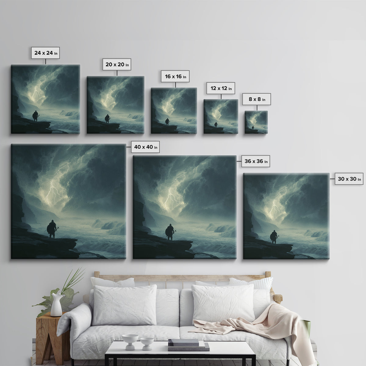 Lone Viking Facing Lightning Over Stormy Sea Wall Art, Dark Seascape Art, Fantasy Wall Decor, Moody Coastal Decor, Gift For Him