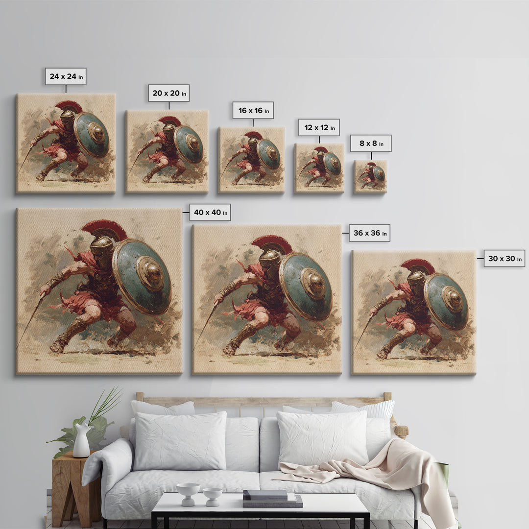 Spartan Warrior With Shield Wall Art, Red Plume Gladiator Action Painting, Bold Classical Canvas Print For Game Room Decor