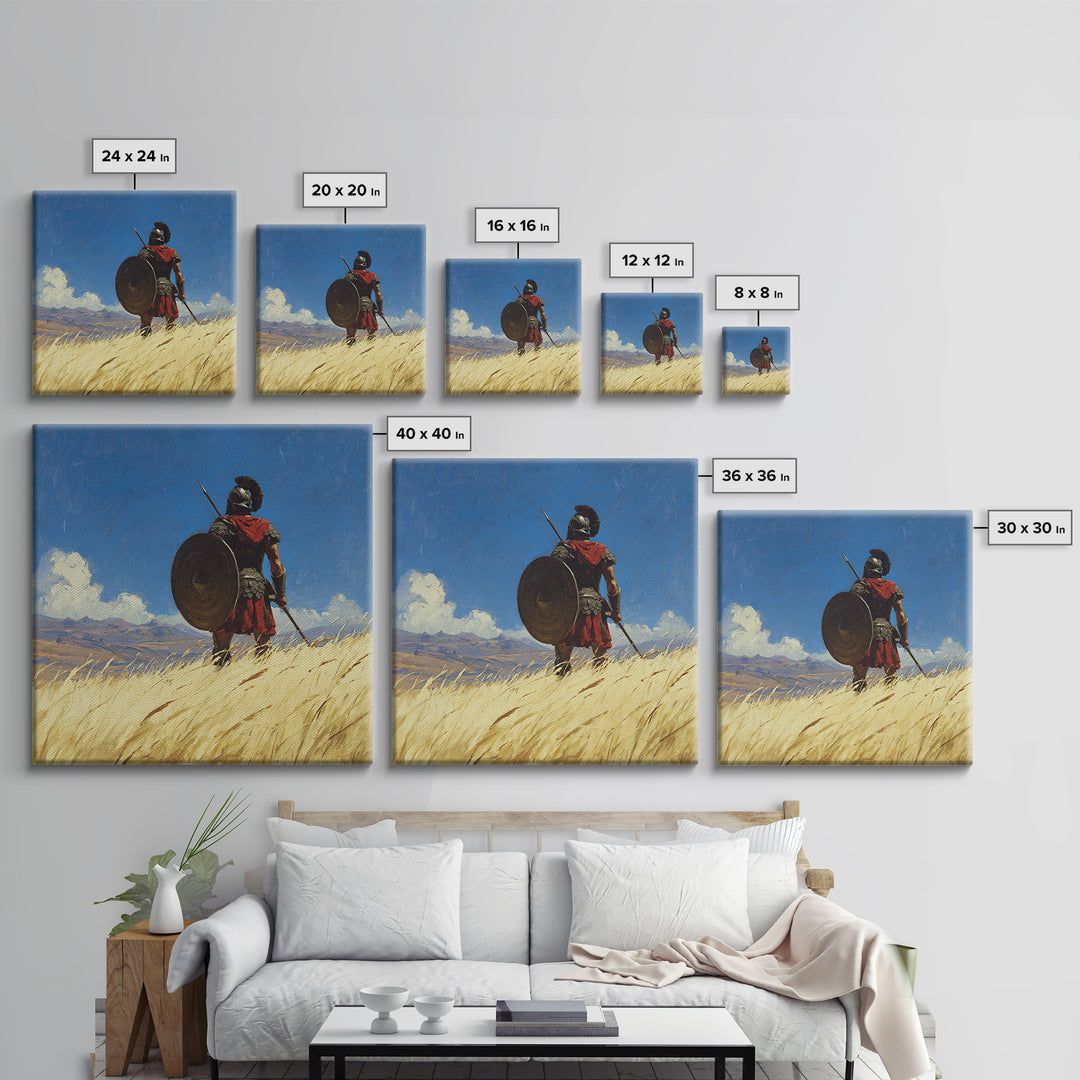 Spartan Warrior In Golden Field Framed Canvas Print, Ancient Greece Landscape, Masculine Wall Art, Western Office Decor Gift