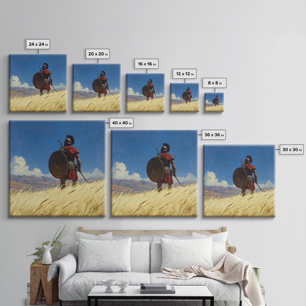 Spartan Warrior In Golden Field Framed Canvas Print, Ancient Greece Landscape, Masculine Wall Art, Western Office Decor Gift