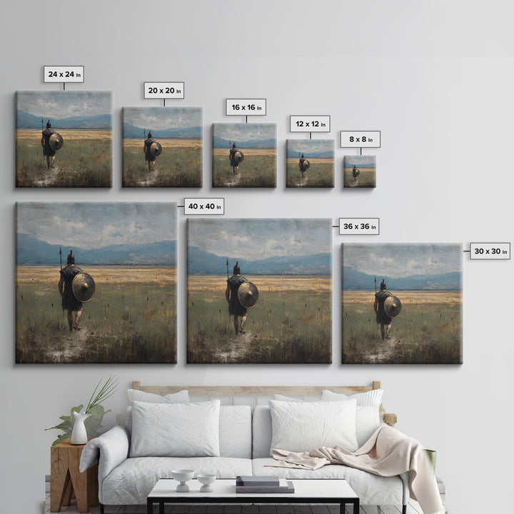 Lone Hoplite Crossing Golden Plains Wall Art, Ancient Greek Landscape Oil Painting, Historical Decor, Masculine Art Print