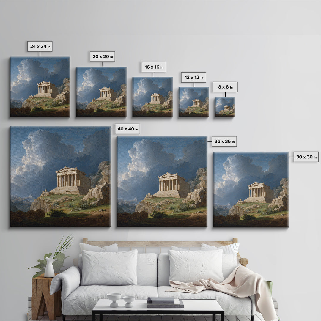 Classical Greek Temple On Rocky Hill Canvas Print, Ancient Architecture Wall Art, Mediterranean Landscape, Elegant Home Decor