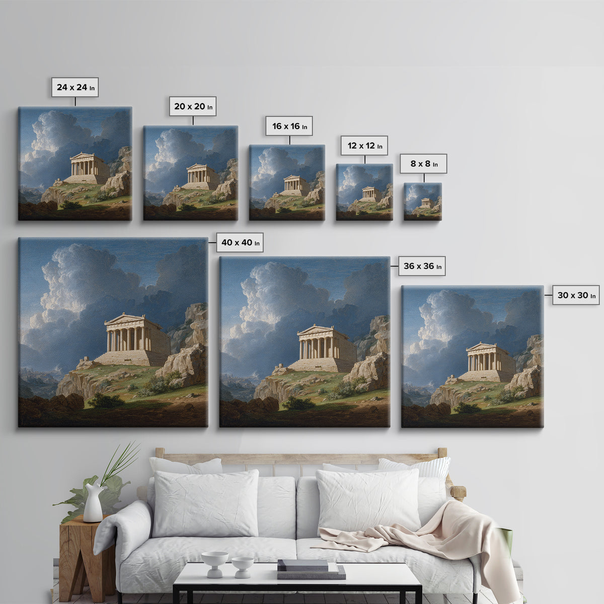 Classical Greek Temple On Rocky Hill Canvas Print, Ancient Architecture Wall Art, Mediterranean Landscape, Elegant Home Decor