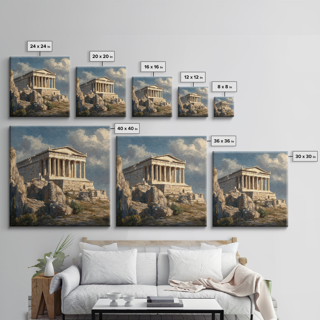 Sunlit Greek Temple On Rocky Acropolis Wall Art, Classical Architecture Oil Painting, Ancient Greece Decor, Fine Art Print