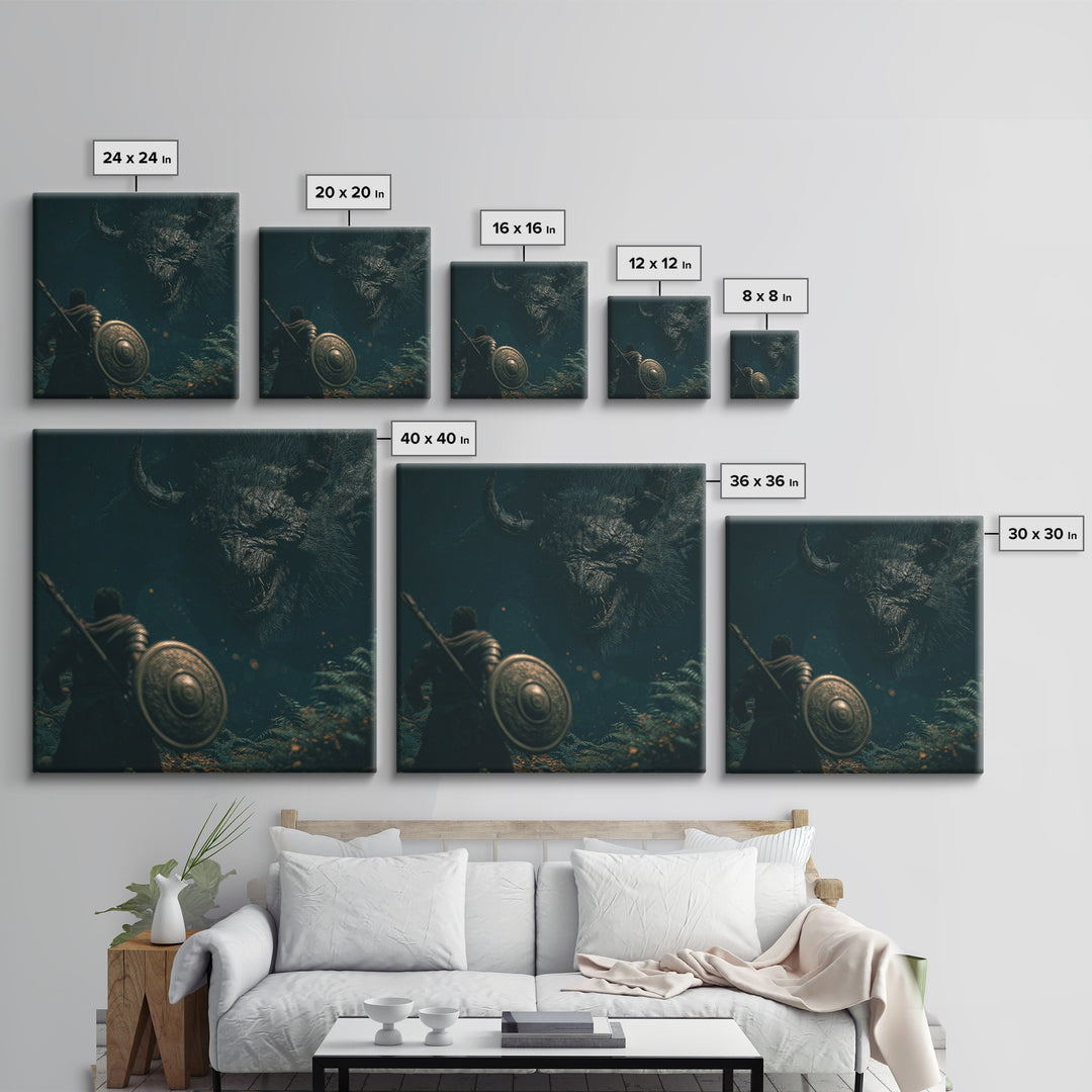 Hero Facing Giant Mythic Beast In Dark Forest Canvas Print, Fantasy Wall Art, Monster Art, Gothic Decor, Gift For Him, Dark Art