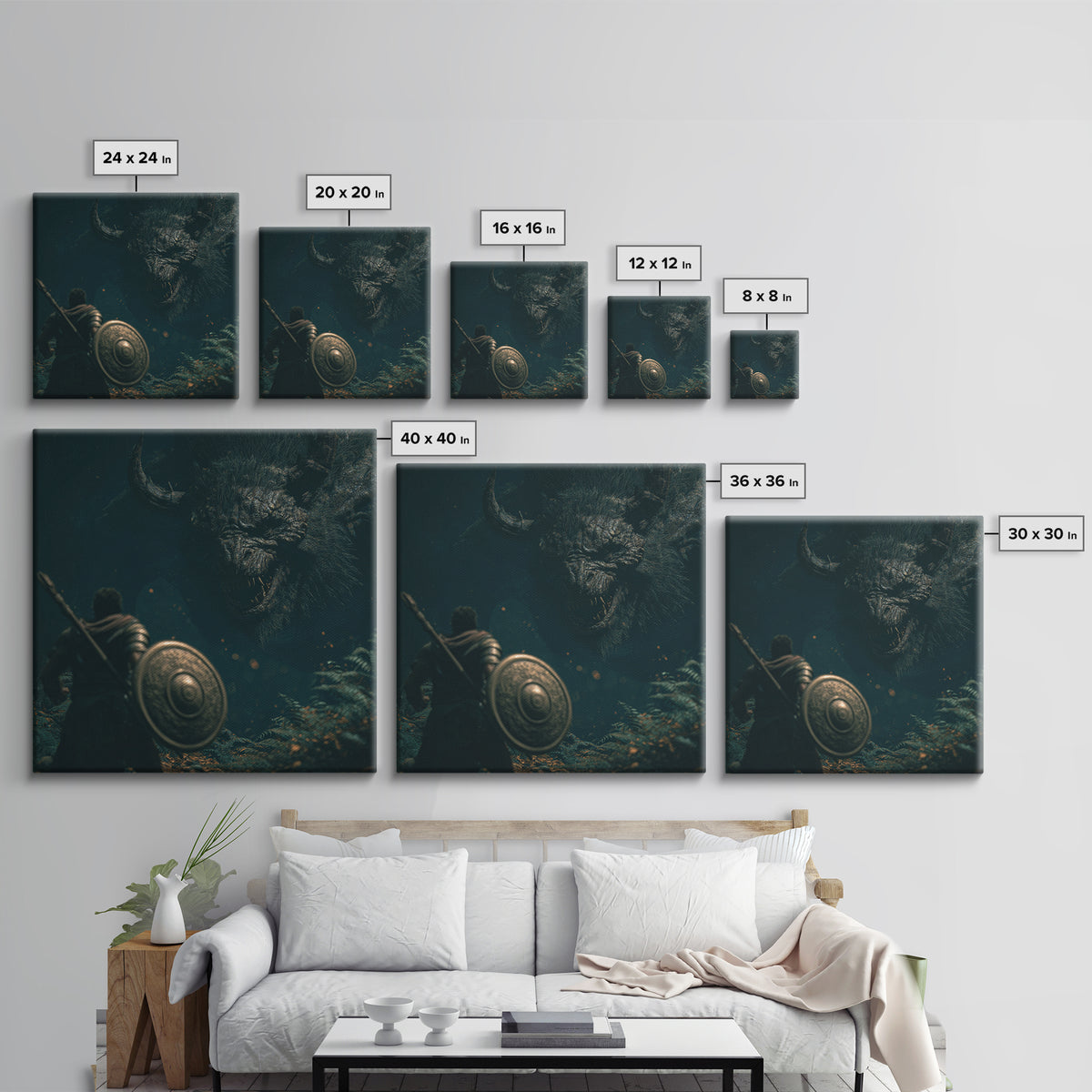 Hero Facing Giant Mythic Beast In Dark Forest Canvas Print, Fantasy Wall Art, Monster Art, Gothic Decor, Gift For Him, Dark Art