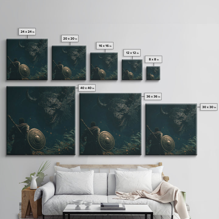 Hero Facing Giant Mythic Beast In Dark Forest Canvas Print, Fantasy Wall Art, Monster Art, Gothic Decor, Gift For Him, Dark Art