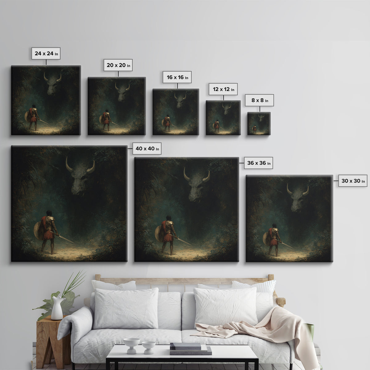 Hero Facing Shadow Minotaur In Dark Forest Framed Canvas Print, Mythological Fantasy Art, Moody Wall Decor, Gothic Art Gift