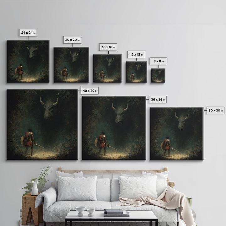 Hero Facing Shadow Minotaur In Dark Forest Framed Canvas Print, Mythological Fantasy Art, Moody Wall Decor, Gothic Art Gift