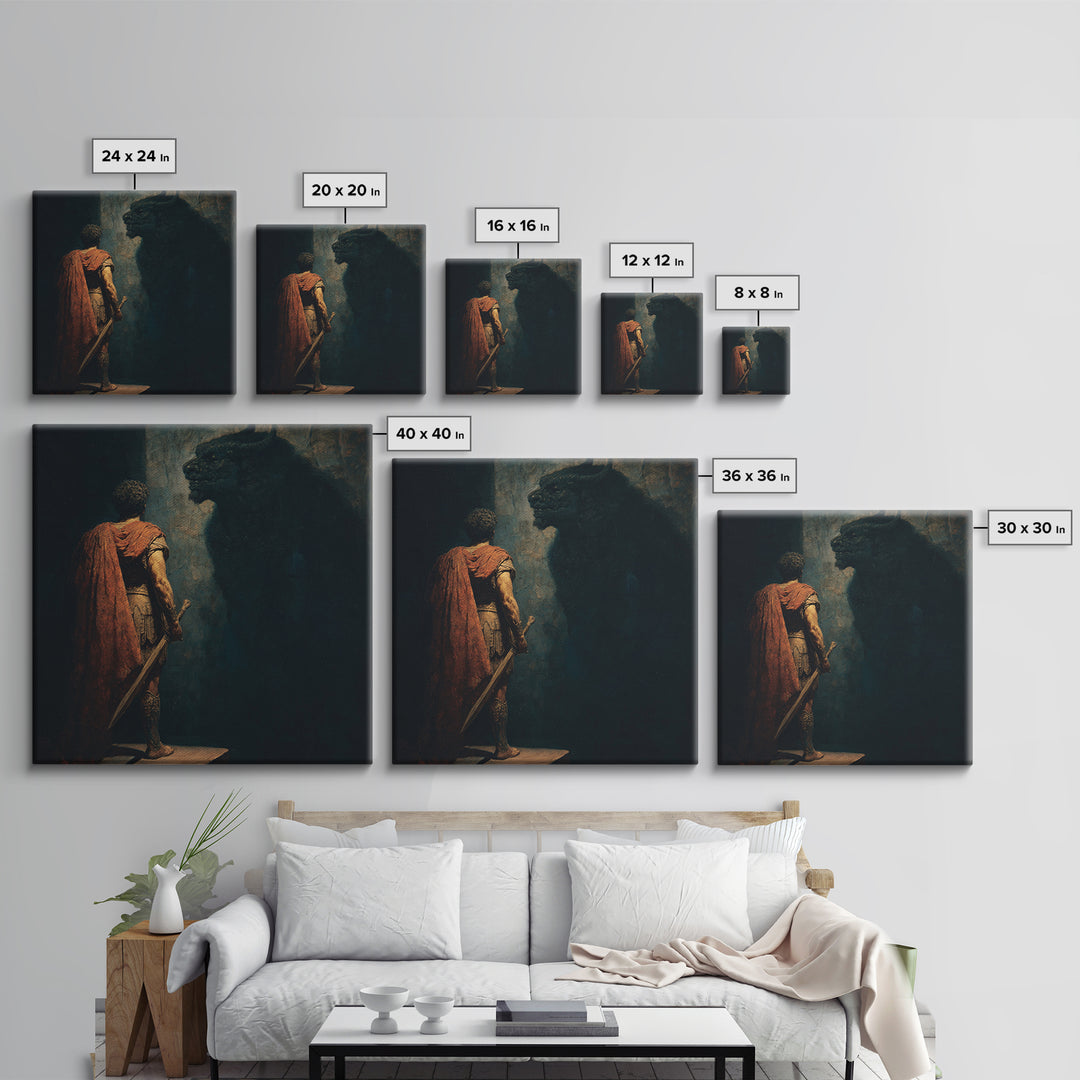 Hero Facing Minotaur In Shadows Canvas Print, Dark Mythology Wall Art, Ancient Greek Fantasy Decor, Dramatic Fine Art Print