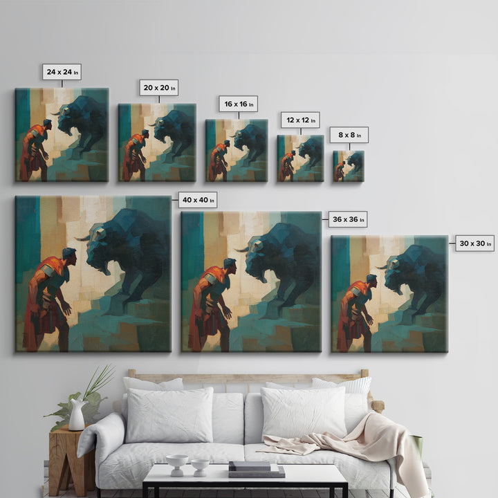 Brave Roman Facing Black Bull Wall Art, Mythological Animal Painting, Bold Modern Canvas For Masculine Office Decor Gift