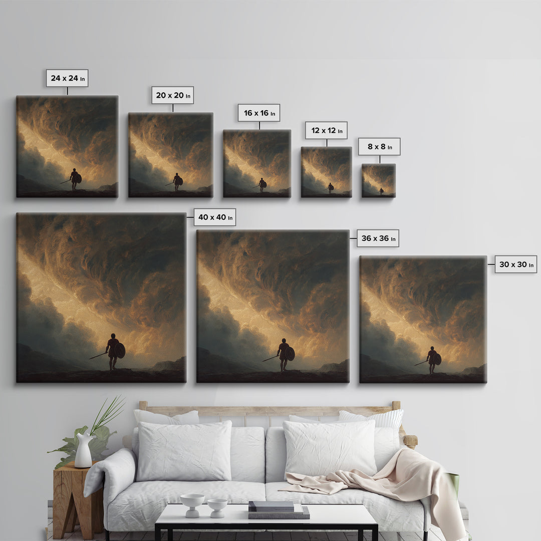 Warrior Beneath Golden Storm Clouds Canvas Print, Epic Fantasy Landscape Painting, Dramatic Wall Decor For Men, Living Room Decor