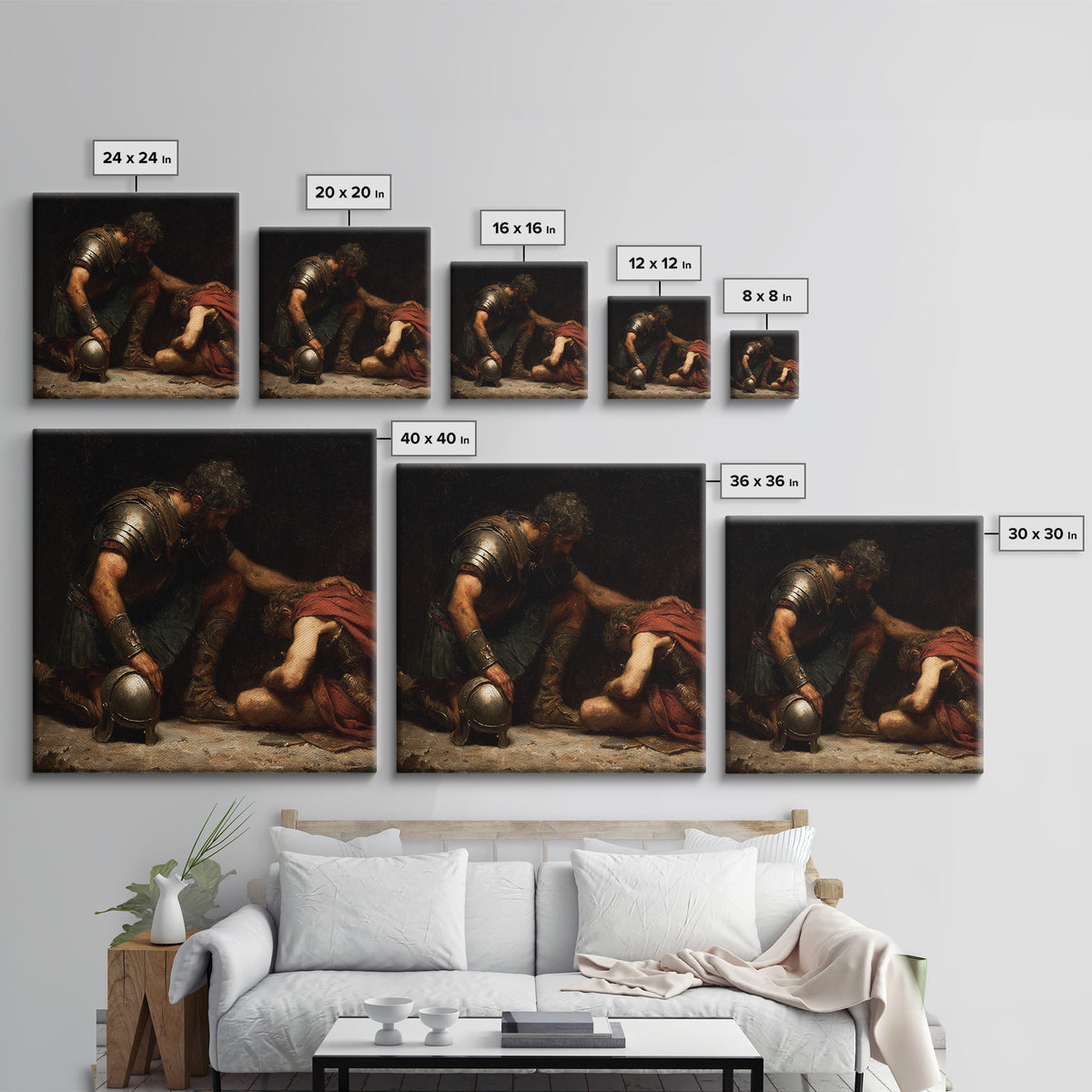 Wounded Ancient Soldier Kneeling By Armored Companion Canvas Print, Classical Wall Art, Mythological Art, Dark Academia Decor