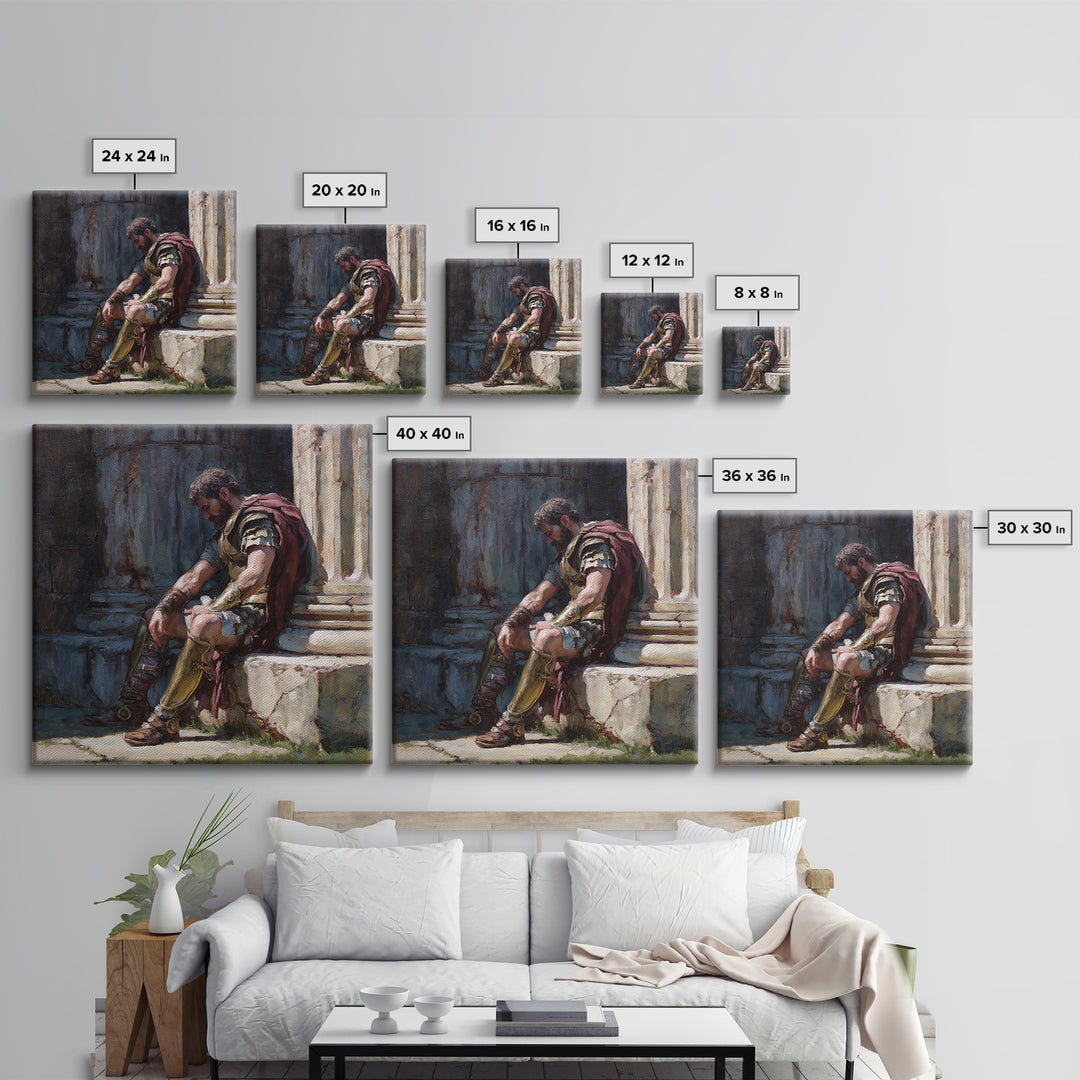 Weary Roman Soldier Resting Beside Columns Framed Canvas Print, Classical Portrait Art, Historical Wall Decor, Gift For Him